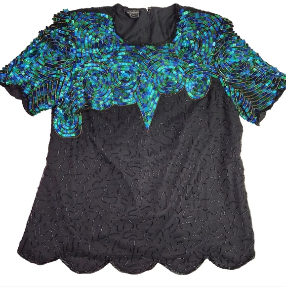 Vintage Royal Feelings Womens Silk Sequin & Beaded Blouse Turquoise & Black 1X - Picture 1 of 10